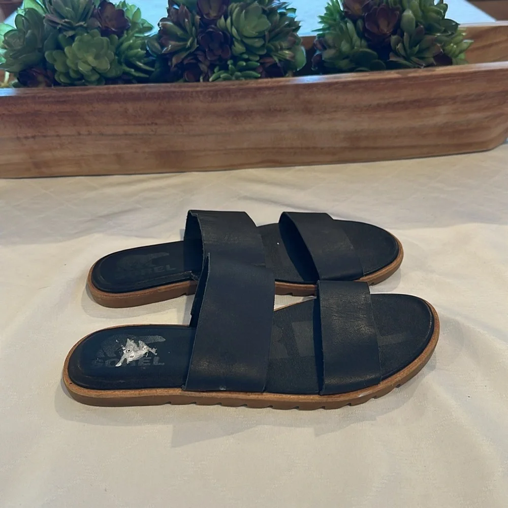 Sorel Women's Ella II‎ Slide Sandals sandal black leather size 6 EUC